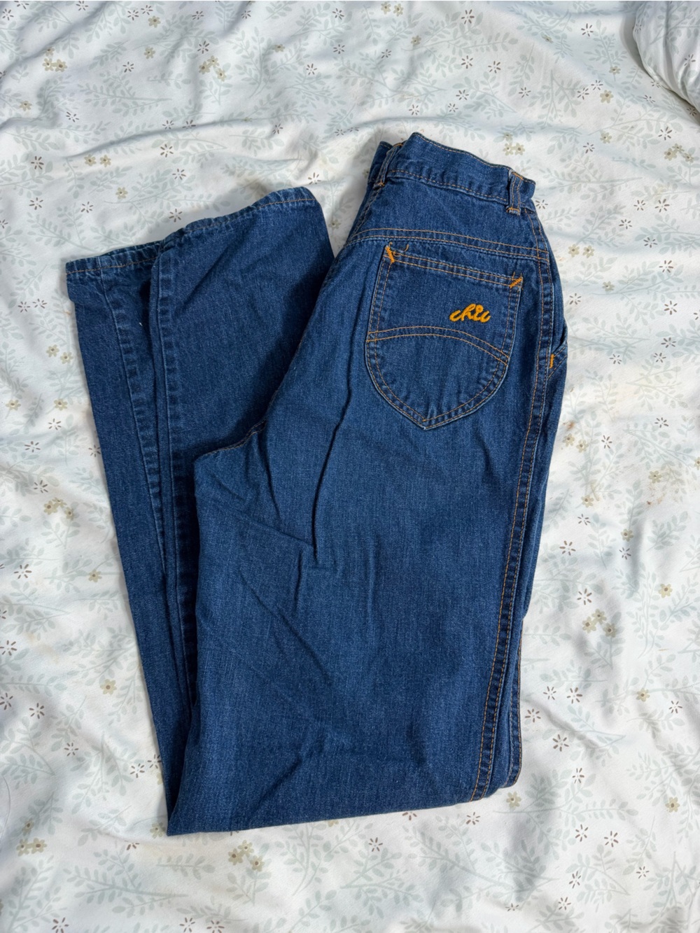 Vintage Blue Denim Jeans with Embroidered Pocket